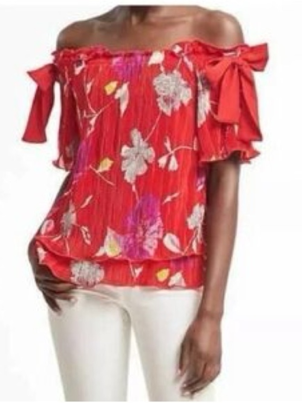 Banana Republic Red Floral Off-Shoulder Tie-Sleeve Top